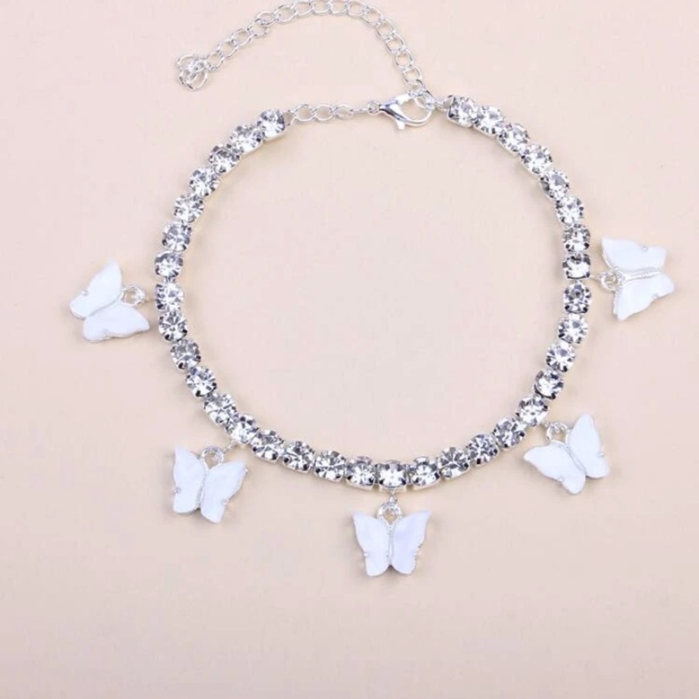 White Diamond Rhinestone Butterfly Anklet